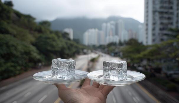 mano participación dos claro hielo cubitos en pequeño platos, paisajes urbanos en el antecedentes foto