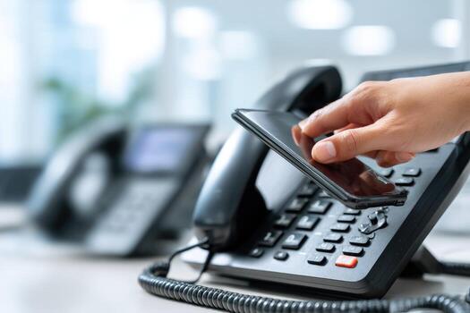 Person using smartphone with office phone photo