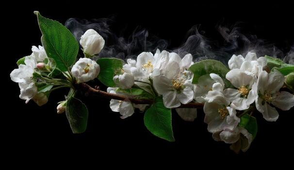 Apple blossoms on a branch, enveloped in wisps of smoke, against a black background photo