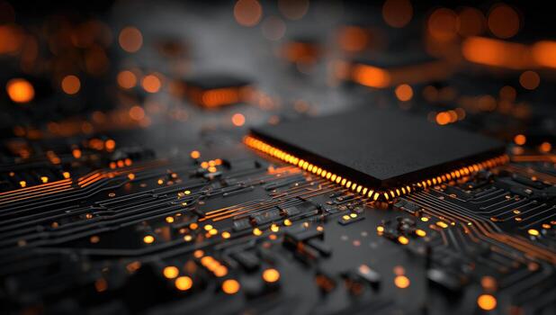 Close-up of a circuit board with a central processor chip, highlighted with orange-glowing pathways photo