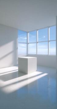 White room with large windows, bright sunlight, cube photo