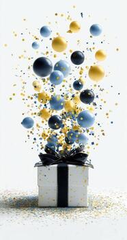 Festive gift box with floating balloons and confetti photo