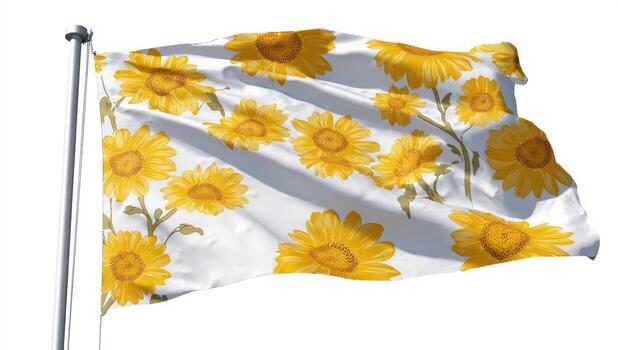 White flag, billowing, with yellow sunflower pattern photo