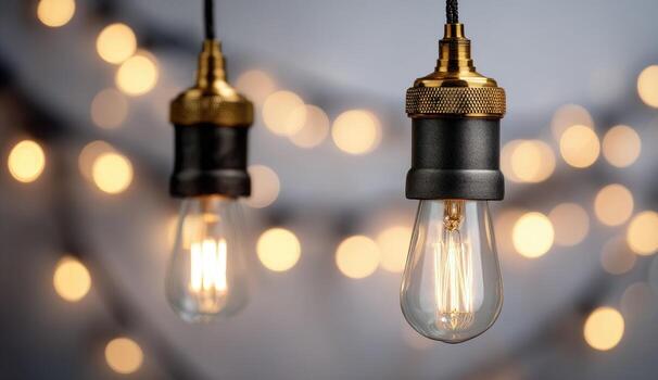 Two Edison-style LED light bulbs hang from cords, against a background of blurred, warm-toned fairy lights photo