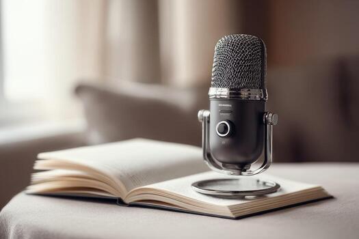 A gray microphone sits atop an open book, on a table photo