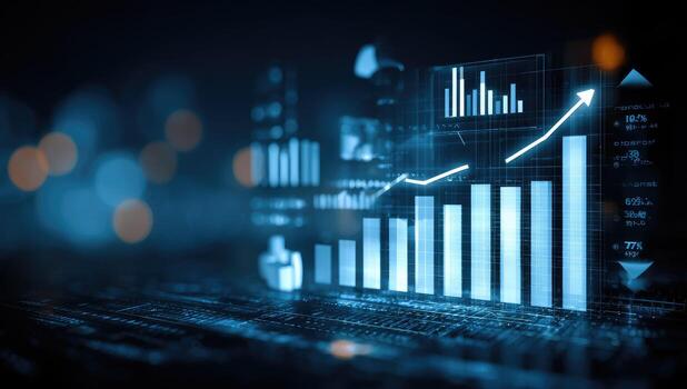 Digital graphs, charts, and rising arrow on dark background photo