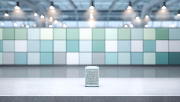 Modern speaker on a light gray surface before a wall of pastel-colored squares photo