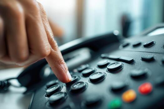 Close-up of a hand pressing buttons on a phone system photo