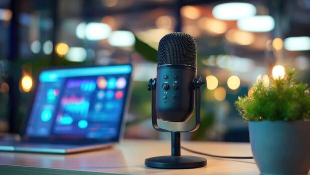 Microphone on desk near laptop, blurred background photo