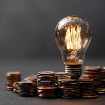 A glowing lightbulb atop stacks of coins photo