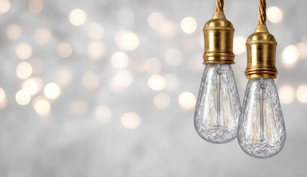 Two vintage-style Edison bulbs hang against a blurred background of soft, out-of-focus lights photo