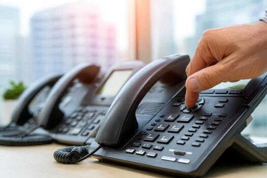 Close-up of a hand dialing a business phone photo