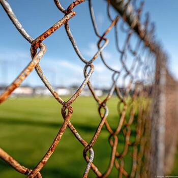 Rusty chain-link fence with a blurred grassy field beyond photo