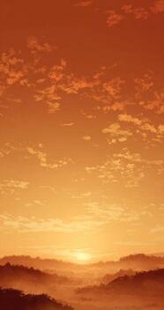 Sunrise over a hazy mountain range. Warm orange sky photo