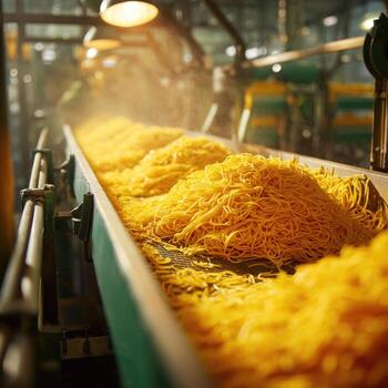 Noodles on a factory conveyor belt photo