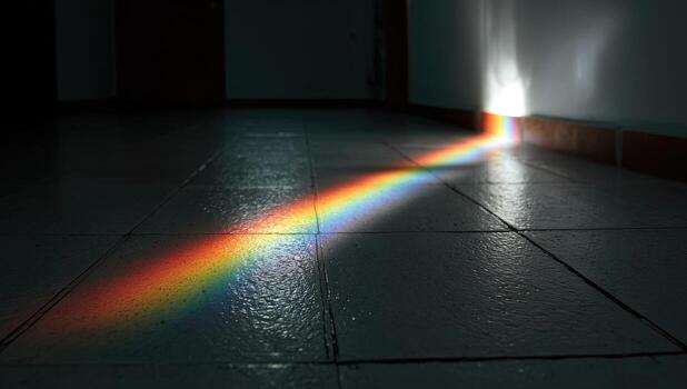 Rainbow reflection on a tiled floor, emanating from a light source photo
