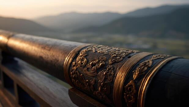 Ornate bronze railing section against mountain backdrop photo
