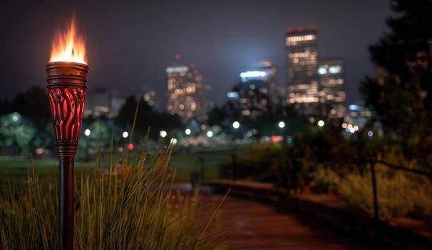 iluminado antorcha en urbano parque a noche foto
