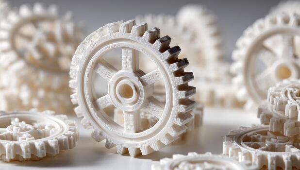 Close-up of many small, white gears photo