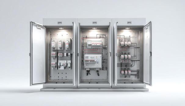 Open electrical panel with components photo