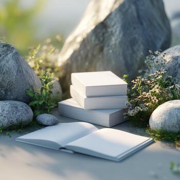 Stacked books, open book, rocks, plants, sunlight, serene scene photo