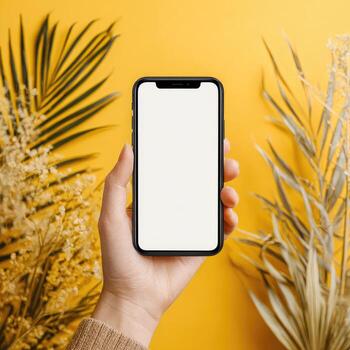 Hand holding phone with blank screen, surrounded by palm fronds on a yellow background photo