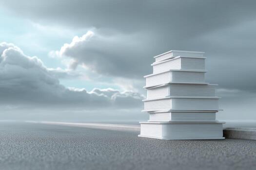 Stack of white books against a cloudy sky photo