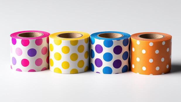 Four rolls of colorful polka-dot ribbon on a white background photo