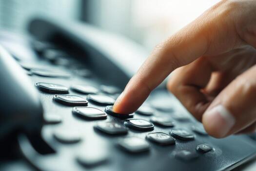 A person pressing a button on a telephone photo