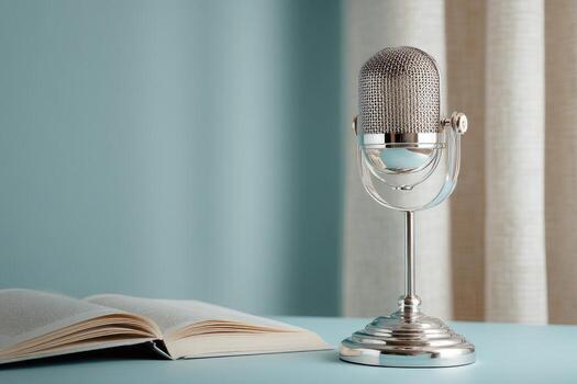 Vintage microphone beside open book on light teal surface photo