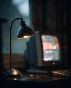 A desk lamp illuminates a vintage computer setup photo