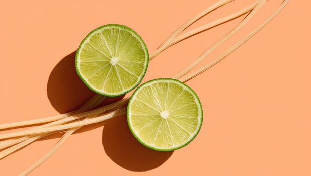 Two lime halves, vibrant green, on a peach background, with thin, light beige spaghetti-like strands photo