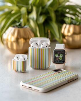 Colorful striped wireless earbuds, case, and phone case with a smartwatch on a light surface, next to plants photo