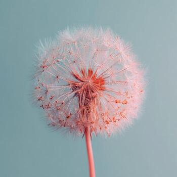 Close-up of a fluffy dandelion seed head against a pale teal background photo
