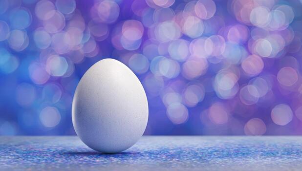 Single white egg on a surface with a blurred background of vibrant purple and blue bokeh photo