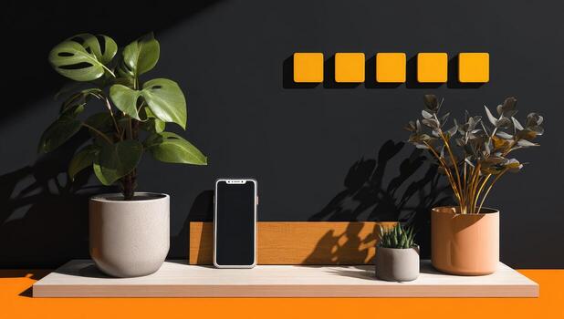Modern, minimalist shelf with plants and tech photo