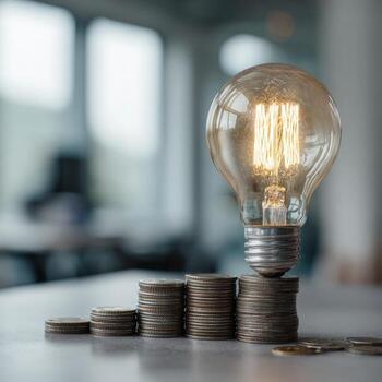 Illuminated lightbulb atop stacks of coins on a table photo