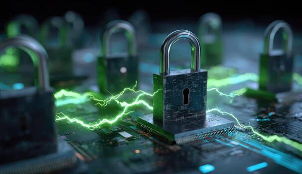 Locked circuit board with glowing green energy photo