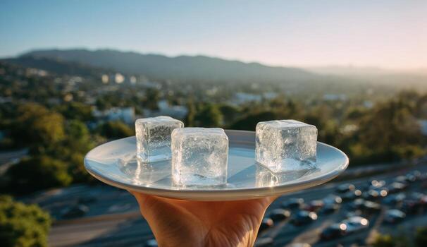 Hand holding plate with three ice cubes over city view photo