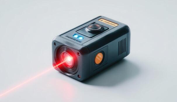 Dark gray boxy device with red laser beam photo