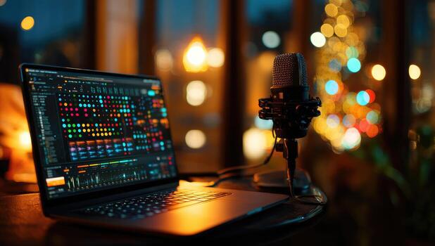 Laptop with audio software, microphone, blurred holiday lights photo