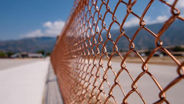 Close-up of a copper-colored chain-link fence, extending into the background, with mountains and a road beyond photo