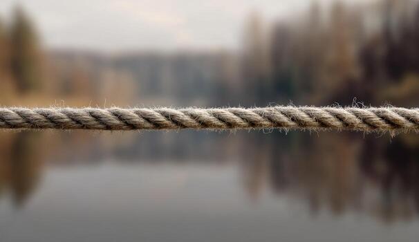 Close-up of a tan rope stretching across a blurred lake and forest scene photo