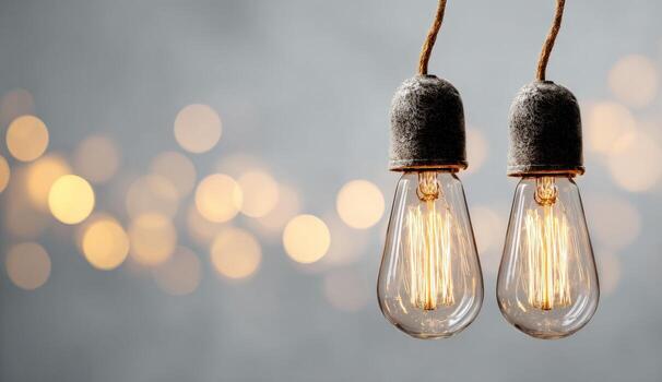 Two Edison-style light bulbs, hanging, with a blurred bokeh background of warm lights photo