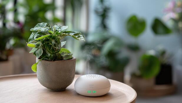 difusor junto a en conserva planta en de madera mesa foto