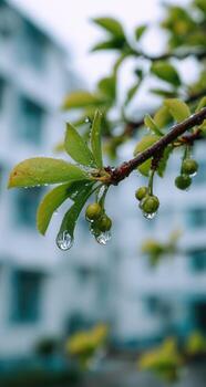 Close-up of dewy leaves and blossoms on a branch, with buildings in soft focus in the background photo