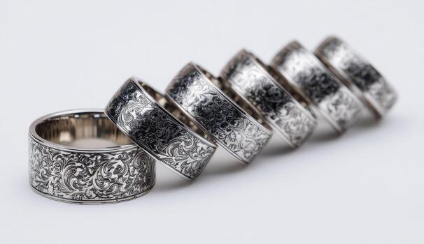 Elegant, engraved rings, stacked in a diagonal row on a light background photo