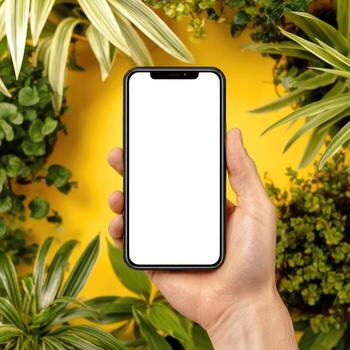 Hand holding smartphone with blank screen, surrounded by greenery photo