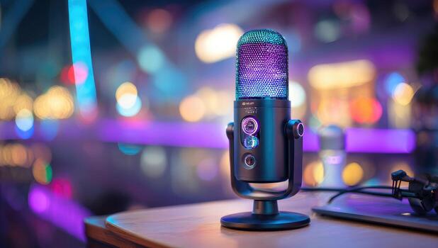 Microphone on table, city lights blurred background photo