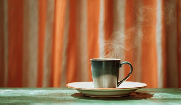 Steaming cup of coffee on a table, warm light, orange curtains photo